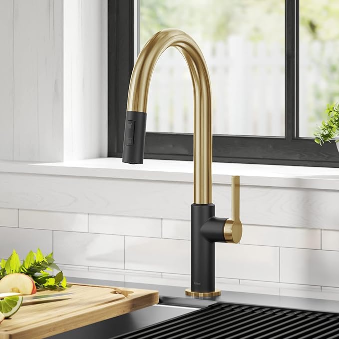KRAUS Oletto High-Arc Single Handle Pull-Down Kitchen Sink Faucets in Brushed Brass/Matte Black, Kitchen Faucets with Pull Down Sprayer, KPF-2820BBMB