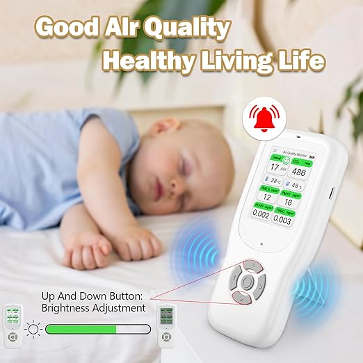 11-in-1 Air Quality Monitor - Portable Indoor Air Quality Detector with Stand, Real-Time Test for AQI, CO2, PM2.5, PM1.0, PM10, TVOC, HCHO, Particles, Temperature & Humidity with Aler (White-White)