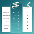 Wall Mounted Clothes Hanger,Clothes Drying Rack,Laundry Rack Wall Mount,Drying Rack Clothing,Clothes Rack Retractable,Collapsible(Tri-Fold), with Windproof Holes & Clips,White Color