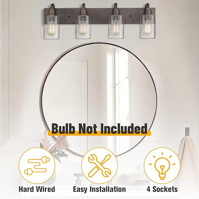 Emliviar 4-Light Bathroom Vanity Light - Farmhouse Bathroom Wall Lighting, Oil Rubbed Bronze Finish with Clear Glass, YCE237B-4W ORB