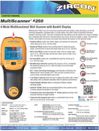 Zircon MultiScanner A250 Stud Finder Metal Detector | Live AC Wire Detection | Scanner | Yellow | Pack of 4