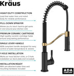 KRAUS Torak Pull Down Kitchen Faucet in Spot-Free Brushed Brass/Matte Black with Commercial Style Spring Spout, 2 Function Sprayer, Pre-Attached Water Lines, and Mounting Hardware, KPF-2635SFBBMB