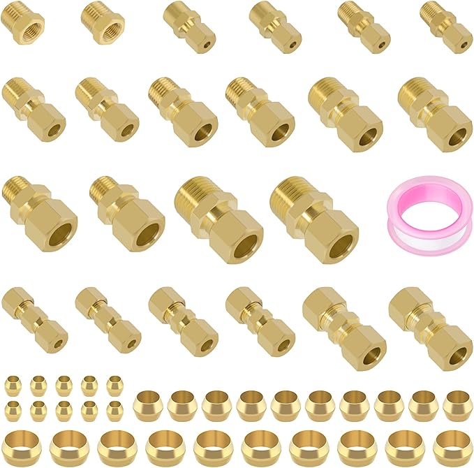 53 Pcs Brass Compression Fittings Assortment Kit, 1/8" 3/16" 1/4" 3/8" 1/2" OD Tube & NPT Thread Compression Union Fittings Connectors & Compression Sleeves Ferrules