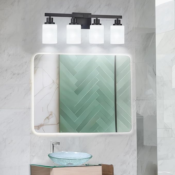 Bathroom Light Fixtures, 4-Light Matte Black Bathroom Vanity Lights with Milky White Glass Shade, Bathroom Lights Over Mirror Wall Lamp Sconces for Mirror Bedroom, Living Room Hallway