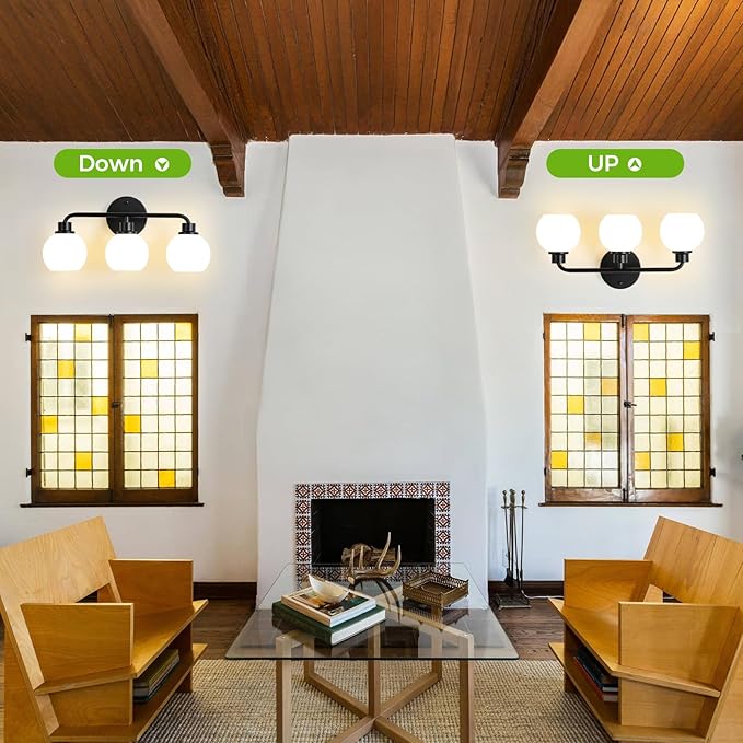 Bathroom Light Fixtures Black Vanity Light, 3 Light Wall Sconces Lighting Bathroom Lights with Milk Glass Shades, Bath Wall Lights Wall Lamp for Mirror, Kitchen, Living Room, Bedroom, Hallway