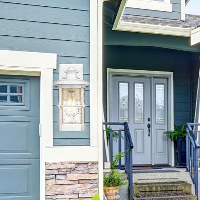 Modern Outdoor Wall Light Fixture with Seeded Glass - White Finish, 2 Pack for Front Porch, Entryway, Garage, Backyard