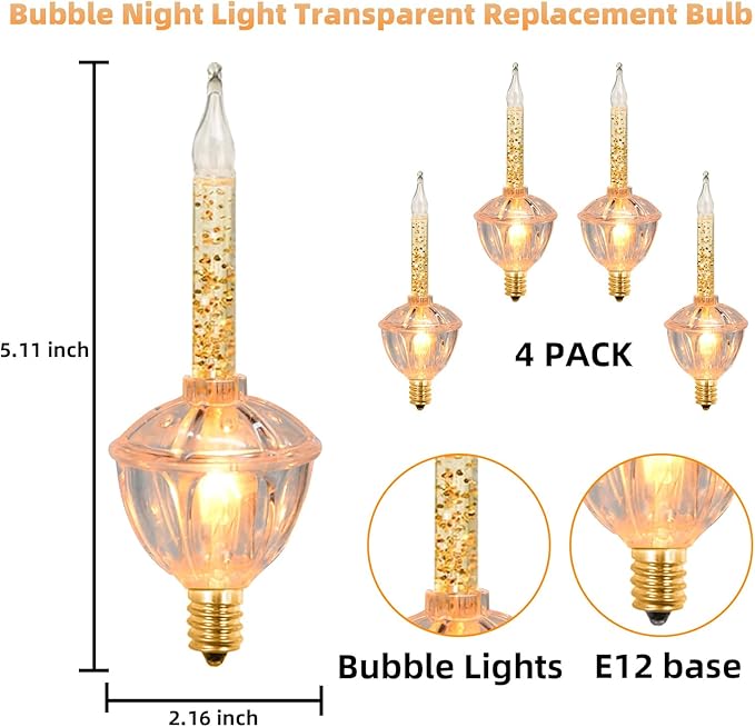 4 Pack Christmas Bubble Light Replacement Bulbs, Clear Vintage Christmas Bubble Light Night Light Bulbs with Gold Glitter Liquid for Home Wall Decorations, E12 Candelabra Base, 5W