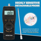 NEWTRY Moisture Meter Powder-Moisture Tester Range 0-100% Plastic Moisture Meter Resolution 0.1% & 0.01% with 9.6" Probe Portable Hay Moisture Meter for Plastics Rubber Silicone Resin Nylon Hay