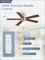 42 Inch Flush Mount Ceiling Fans no Light, Brushed Nickel Modern Ceiling Fans, 6-Speeds, Quiet Reversible DC Motor, Outdoor/Indoor Ceiling Fan for Patios, Living Room, Bedroom