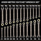 DISEN 24pcs 90-Teeth Ratchet Wrenches Set, Flex Head Ratcheting Wrench Set Metric 8MM-19MM and SAE Wrenches 1/4 Inch-3/4 Inch, Nickel Plating Cr-V Constructed with Organizer Rack