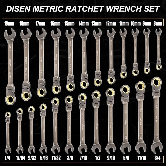 DISEN 24pcs 90-Teeth Ratchet Wrenches Set, Flex Head Ratcheting Wrench Set Metric 8MM-19MM and SAE Wrenches 1/4 Inch-3/4 Inch, Nickel Plating Cr-V Constructed with Organizer Rack