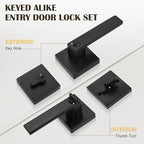1 Pack Keyed Entry Door Lever and Single Cylinder Deadbolt Set, Keyed Alike Reversible Lockset, Matte Black Square Interior/Exterior Handleset for Bedroom, Front Door