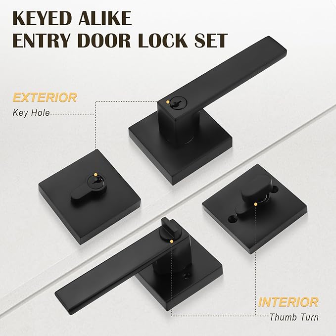 1 Pack Keyed Entry Door Lever and Single Cylinder Deadbolt Set, Keyed Alike Reversible Lockset, Matte Black Square Interior/Exterior Handleset for Bedroom, Front Door