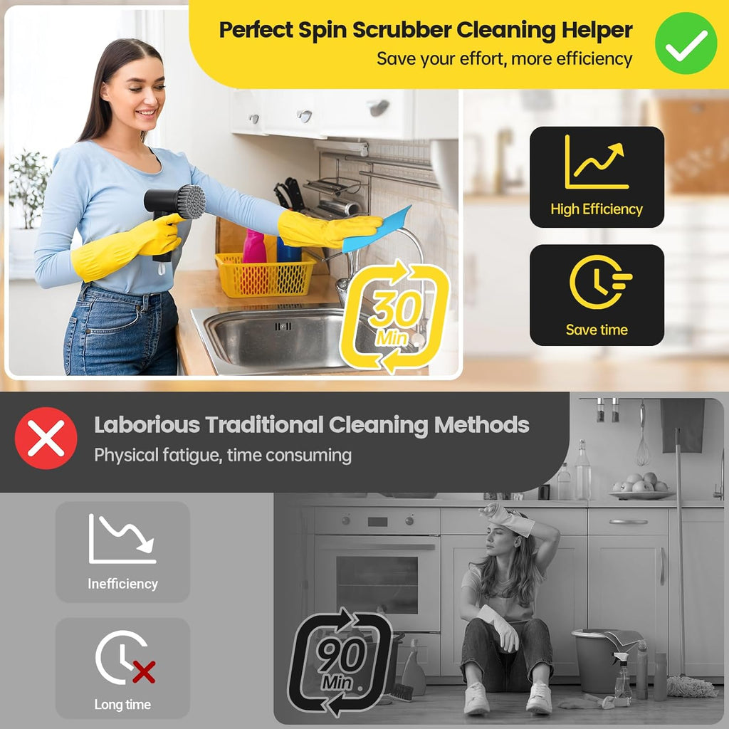 Electric Spin Scrubber, 3000 mAh Cordless Power Scrubber with 8 Replaceable Heads, Dual Speed Lightweight Handheld Scrubber for Cleaning Stove/Bowl/Sink/Corner/Tile/Grout (Black)