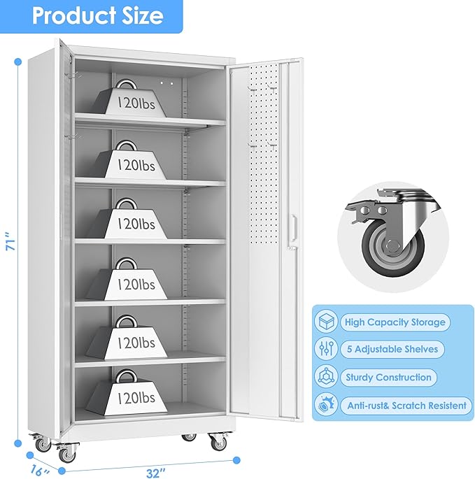 Metal Storage Cabinet with Wheels and Pegboard,71" H x 32" W x 16" D Garage Storage Cabinet with 2 Doors and 5 Adjustable Shelves for Garage, Home, Warehouse, Closet, Assembly Required, White
