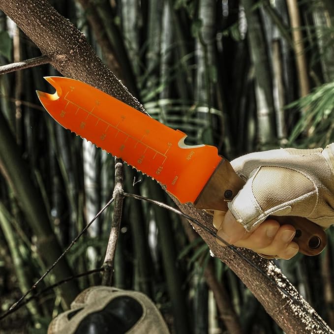 Hori Hori Garden Knife Orange Garden Multitool with Sheath for Weeding,Planting,Digging Stainless Steel Blade with Cutting Edge, Full-Tang walnut Wood Handle with Hanging Hole