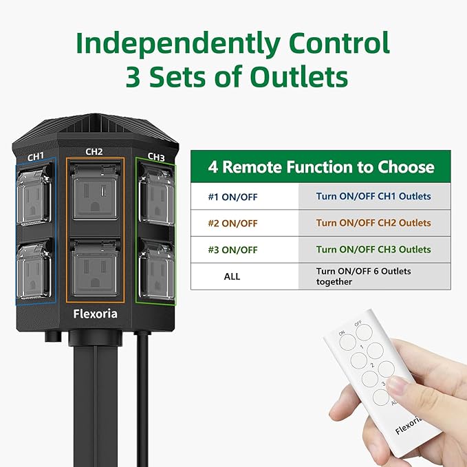Outdoor Power Stake, 15 Feet Extension Cord Waterproof, Independently Remote Control 3 Sets of Outlets, 6 Grounded Outlets for Garden, Patio, Outdoor Decor, ETL Listed