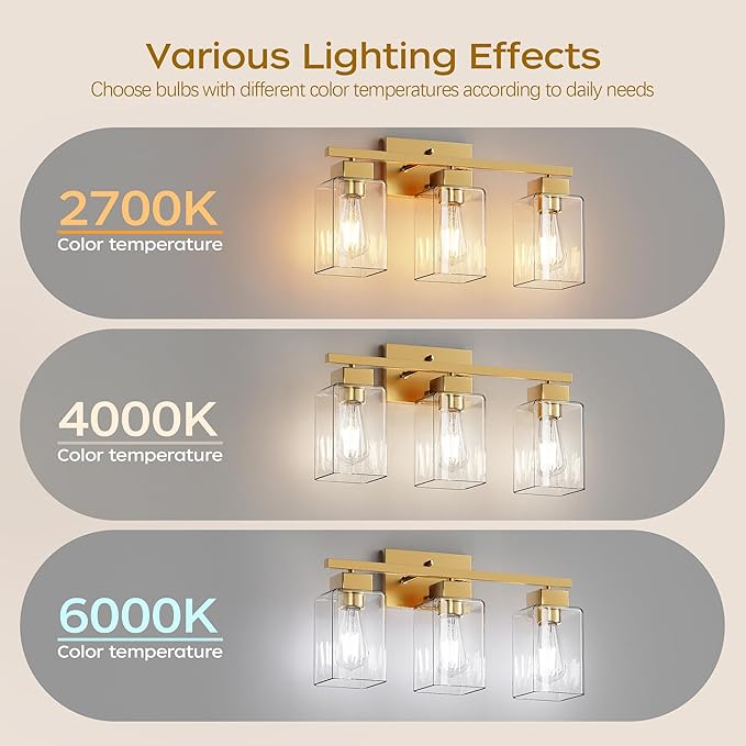 PARTPHONER 3-Light Bathroom Light Fixtures, Brushed Gold Modern Vanity Lights, Bathroom Lighting Fixtures Over Mirror, Square Design Farmhouse Wall Sconces with Clear Glass Shades