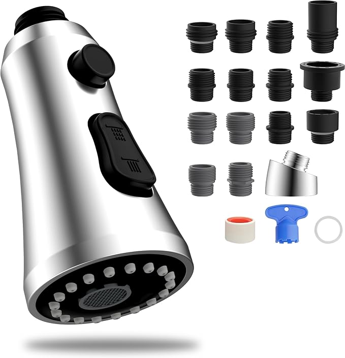 Hibbent Pull Down Kitchen Faucet Head Replacement, 3-Function NSF/ANSI/CAN 61 & CUPC Certified Sink Spray Nozzle, 15 Adapters, Compatible with Moen, Delta, Kohler Faucets, Chrome (Shiny Silver)