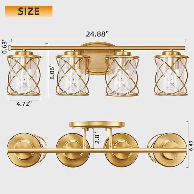 4-Lights Bathroom Light Fixtures, Brushed Gold Modern Vanity Light Over Mirror, Bathroom Wall Lamp for Mirror Kitchen Living Room Hallway Porch, Farmhouse Wall Lights with Clear Glass Cage Shade