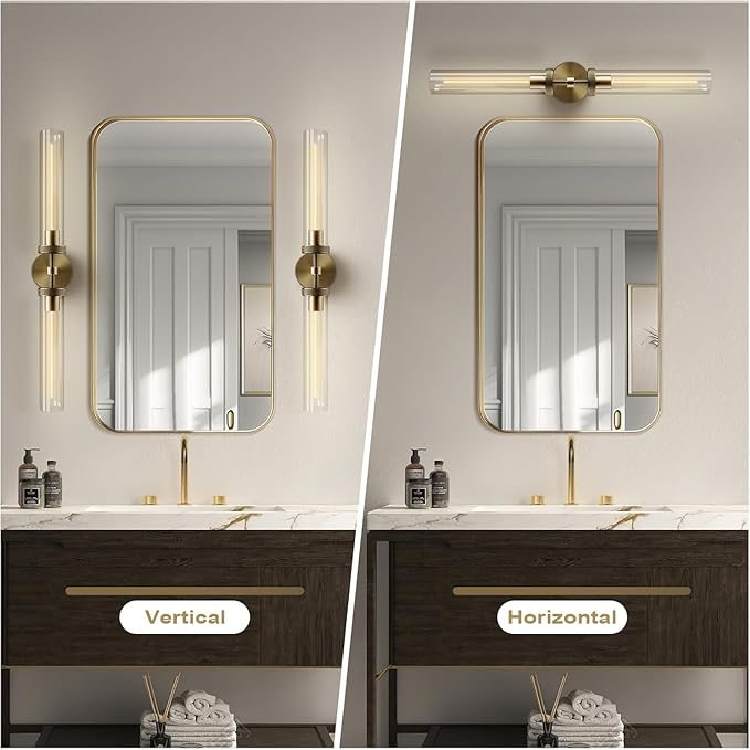 Brass Wall Sconces Set of 2, Double Lights 30" Knurled Texture Indoor Wall Light Fixtures, Bathroom Vanity Light Fixtures with Clear Glass, Modern Wall Lamp for Living Room Hallway(Bulb Included)