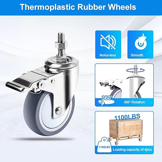 Stainless Steel Caster Wheels 4 inch, 1/2"-13x1-1/2 Threaded Stem Locking Casters Set of 4, Non-Marking Slient TPR Rubber Wheels for Furnitures,Restaurants,Labs,Hospital