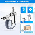Stainless Steel Caster Wheels 4 inch, 3/8"-16x1 Threaded Stem Locking Casters Set of 4, Non-Marking Slient TPR Rubber Wheels for Furnitures,Restaurants,Labs,Hospitals