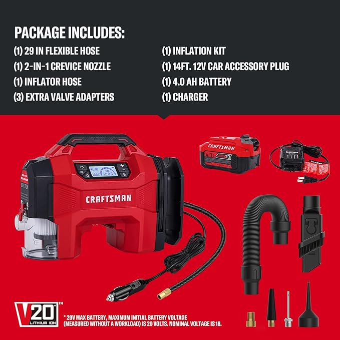 CRAFTSMAN 3-in-1 Tire Inflator Kit with Battery & Charger, 160 PSI Portable Air Compressor, Car Vacuum & Dust Blower with LED Light (Includes 4.0Ah Battery & 12V Charger)