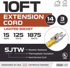 Iron Forge Cable Weatherproof 10 Ft Outdoor Extension Cord - 14/3 SJTW 15 Amp Heavy Duty Yellow Extension Cord 3 Prong - Lighted End
