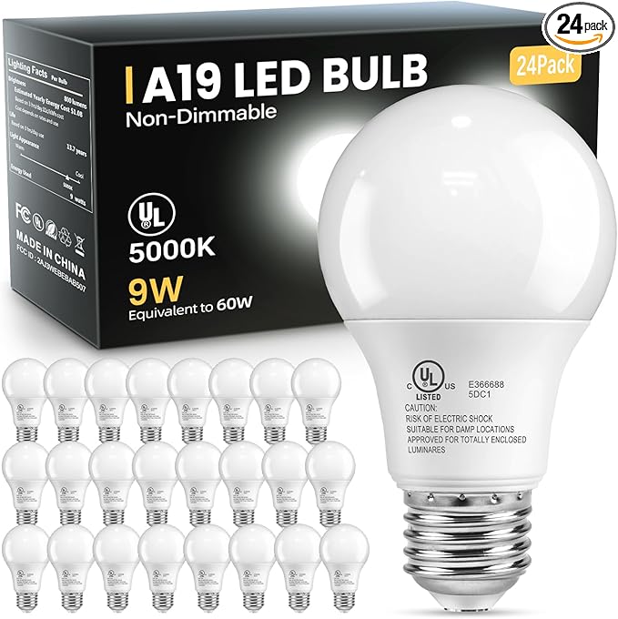24 Pack LED Light Bulbs Daylight White 5000K, 60 Watt Equivalent A19 LED Bulb, 9W E26 Standard Base, 800 Lumens 15000 Hours 120V, Non-Dimmable, Bright Energy Saving Lightbulbs for Bedroom Indoor