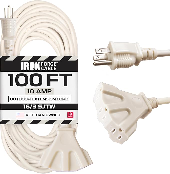 Iron Forge Cable Weatherproof 100 Ft Outdoor Extension Cord with 3 Outlets - 16/3 SJTW Heavy Duty Beige Extension Cord 3 Prong - 10 Amp Power Cable