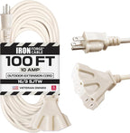 Iron Forge Cable Weatherproof 100 Ft Outdoor Extension Cord with 3 Outlets - 16/3 SJTW Heavy Duty Beige Extension Cord 3 Prong - 10 Amp Power Cable