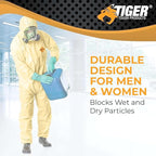 Tiger Tough Chemical Protection Coveralls, Yellow Disposable Hazmat Suit for Men & Women with Hood & Zipper