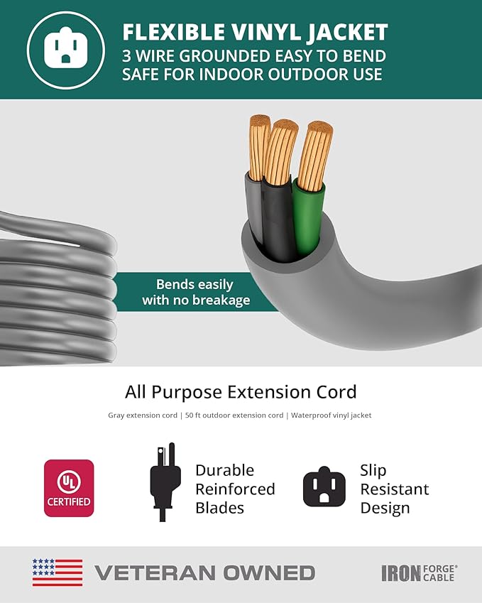 Iron Forge Cable Gray Outdoor Extension Cord 50 ft, 16/3 SJTW 50 Foot Grey 3 Prong Extension Cord Outdoor & Indoor, Weatherproof 13 Amp Heavy Duty Power Cable