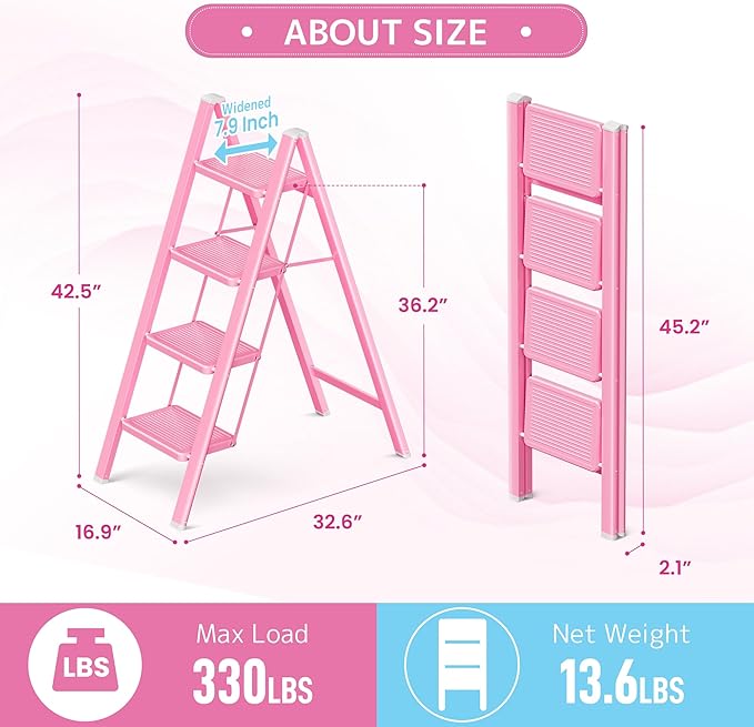 GameGem Pink 4 Step Ladder, Sturdy Foldable Ladder, Integrated 7.9Inch Wide Pedal and Anti-Slip Feet for Steady Support, Suitable for Kitchen, Closet, Indoor and Outdoor Use, 330Lbs Load