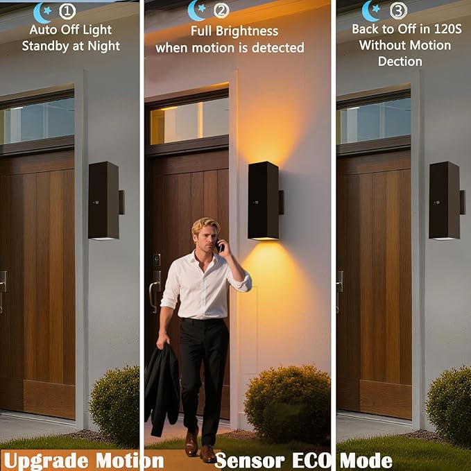 Motion Sensor Outdoor Wall Lights 2-Pack, Dusk to Dawn Exterior Light Fixtures with 3 Lighting Modes, 13'' Up Down Porch Lights with 15W LED Bulbs, Waterproof Wall Sconce for House, Patio, Garage