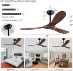 52" Wood Ceiling Fan No Lights with Remote Control,Wooden 3 Blades Ceiling Fans Without Light for Patio,Garage,Living Room,Bedroom,Office,Indoor/Outdoor(Black+Dark Walnut)