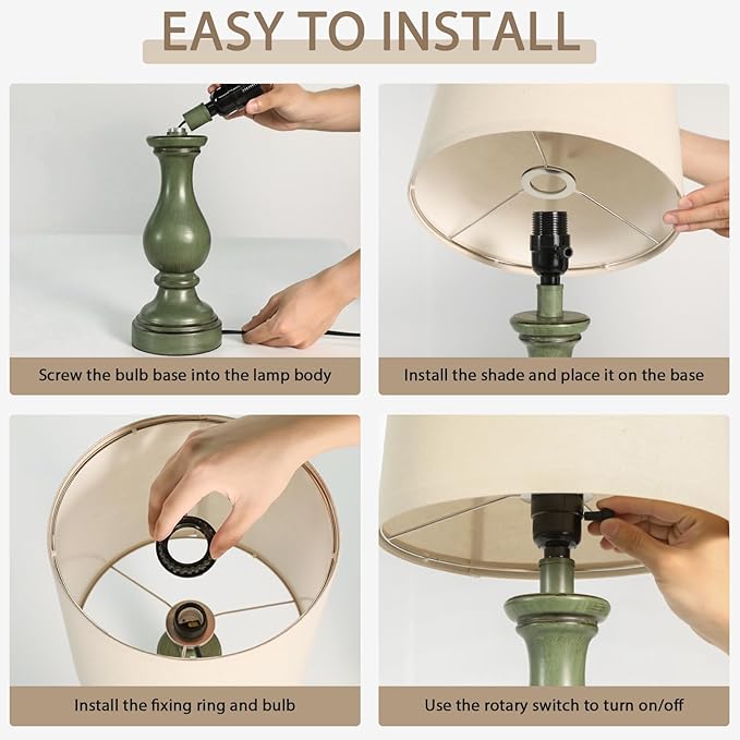 Seealle Farmhouse Table Lamps Set of 2 - Rustic Lamp for Bedroom Living Room, 22" Boho Bedside Lamps for Night Stands End Table Office Desk Lamp Nightstand with Linen Shades(Antique Green)