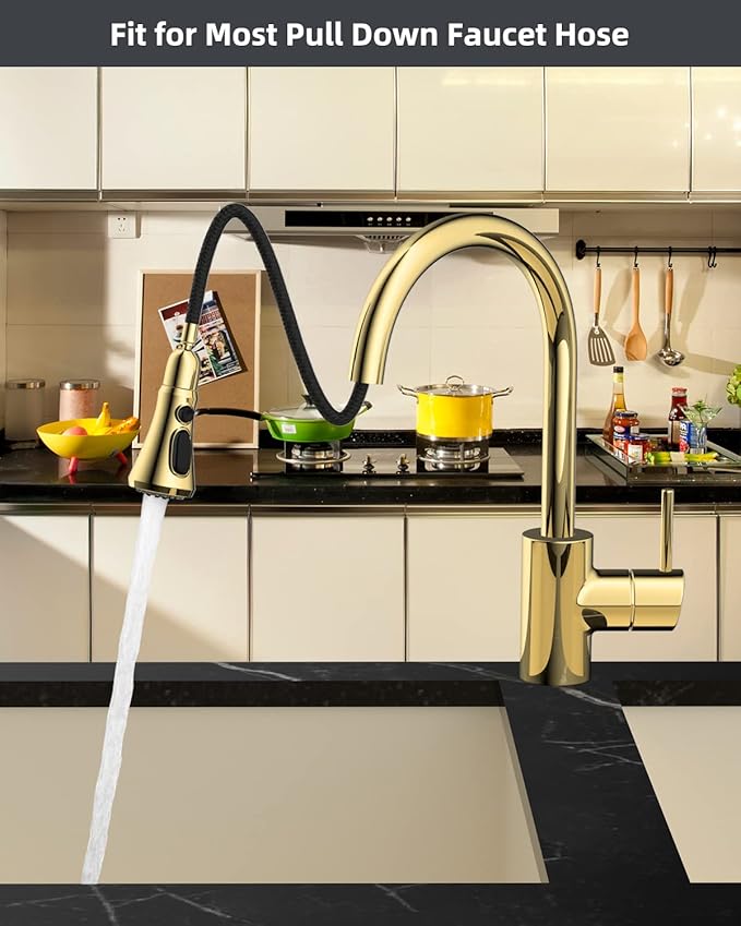 Hibbent Pull Down Spray Head for Kitchen Faucet, NSF/ANSI/CAN 61 & CUPC Certified 3-Function Spray Nozzle, 14 Adapters, Sink Faucet Head Replacement Compatible with Moen, Delta, Kohler, Polished Brass