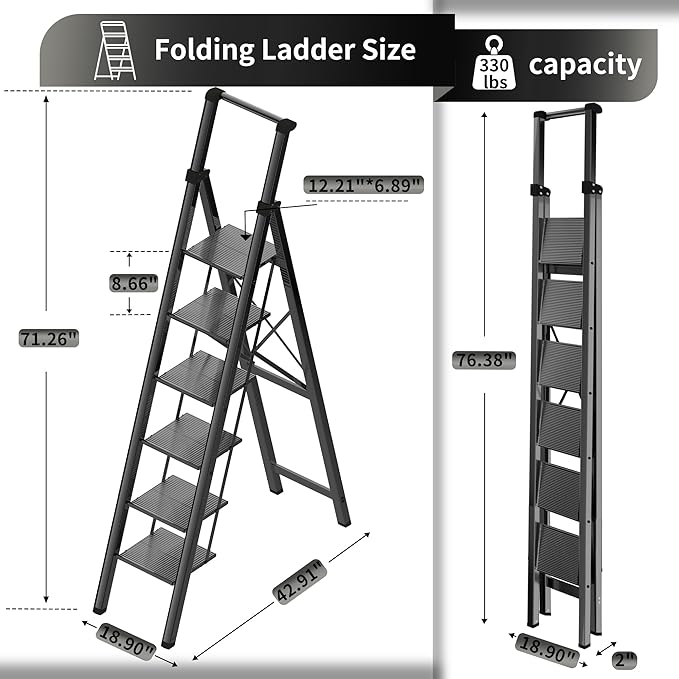 6 Step Ladder, Portable Step Ladder with Handrails, Folding Step Stool for Adult, Aluminum Step Ladder for Closet, Kitchen, Outdoor, 330LBS - Black