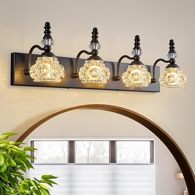 Modern Crystal Bathroom Vanity Light Black Vintage Bathroom Light Fixtures 4-Lights Glass Crystal Vanity Lights