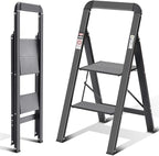 KINGRACK Step Ladder, 2 Steps, Folding Step Ladder with Handrail, Non-Slip Household Ladder with Folding Safety, Aluminium Step Stool, Maximum Load 150 kg, Black