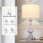 26" Farmhouse Lamp with 2 USB Ports & AC Outlet, Vintage Rustic Touch Control Bedside Lamp, Resin 3-Way Dimmable Nightstand Lamp Fabric Shade for Living Room Bedroom Decor Gray(LED Bulb Included)