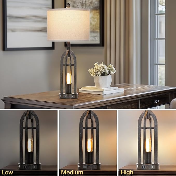 27" Rustic Table Lamps for Living Room - Farmhouse Lamps Set of 2 with USB C+A & Outlet, 3-Way Dimmable Touch Lamps for Night Stands, Vintage Bedside Lamp for End Tables,Bedroom,Bronze