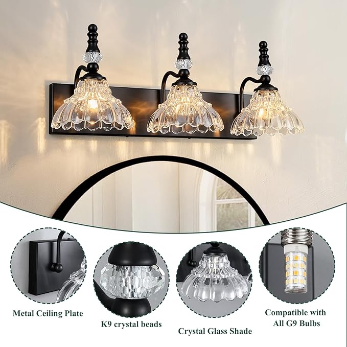 Vintage Bathroom Vanity Light, 3-Light Black Vanity Lighting Fixture with Flower Glass Shade, Bathroom Lighting Fixtures Over Mirror
