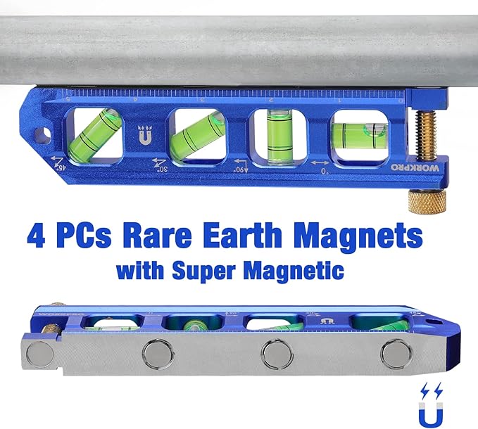 WORKPRO Magnetic Torpedo Level, Conduit Bending Level, Bubble Vials for 0°/90°/30°/45° Measurements, Aluminum Alloy Construction, 6.3-inch, Cobalt Blue