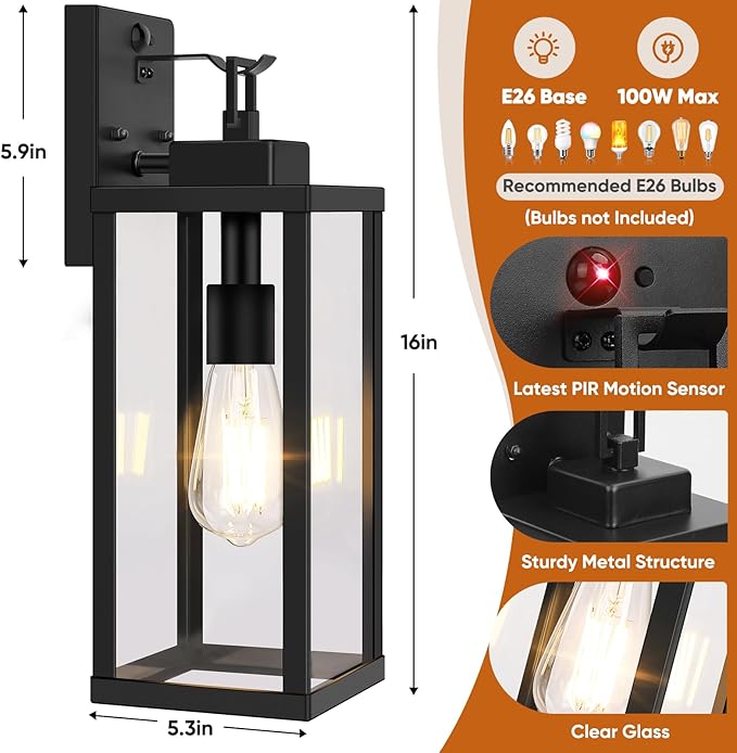 BesLowe 16” Upgraded Motion Sensor Outdoor Wall Lights, Dusk to Dawn Porch Lights Outdoor Wall Sconces, 3 Lighting Modes Exterior Lighting Fixtures with Hooks, Black Outside Lights for House, 2-Pack