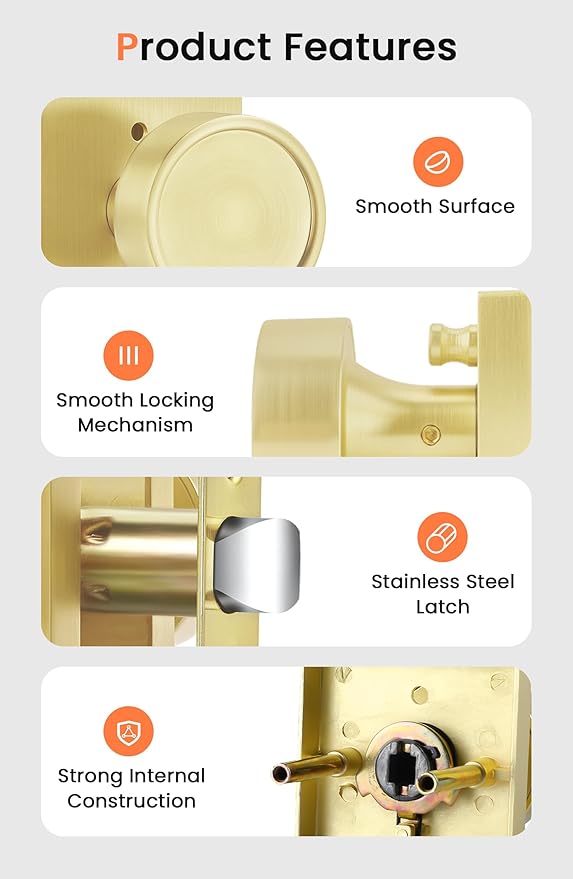 Haidms Brushed Gold Door Knob with Deadbolt, Zinc-Alloy Gold Exterior Door Knobs, Heavy Duty Brass Front Door Knob and Deadbolt Set(2 Pack)