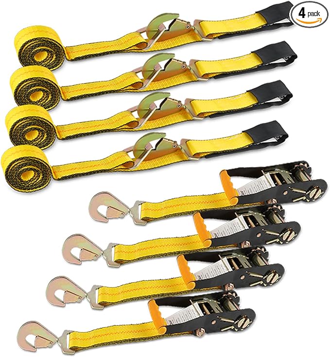 Heavy Duty 4-Pack Axle Tie Down Straps for Trailers - 2" x 114" Car Hauler Straps with Snap Hooks - 10,000 lbs Break Strength, 3300 lbs Capacity - DOT Certified Wheel Tie Downs (Yellow)