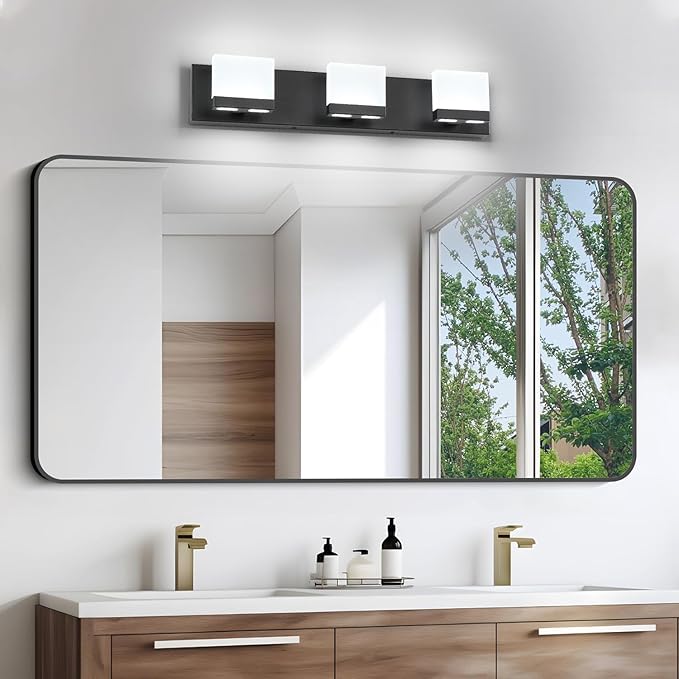 SineRise LED Modern Bathroom Vanity Light Fixtures (3-Light, 24-Inch,6000K), Matte Black Modern Acrylic Bathroom Wall Lighting Fixtures Over Mirror